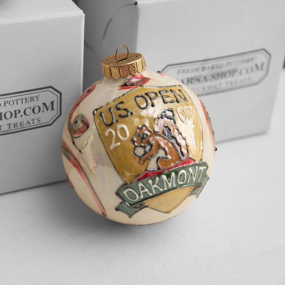 Hand Painted Pottery Ornaments Set 6 US Open PGA Golf Collectible
